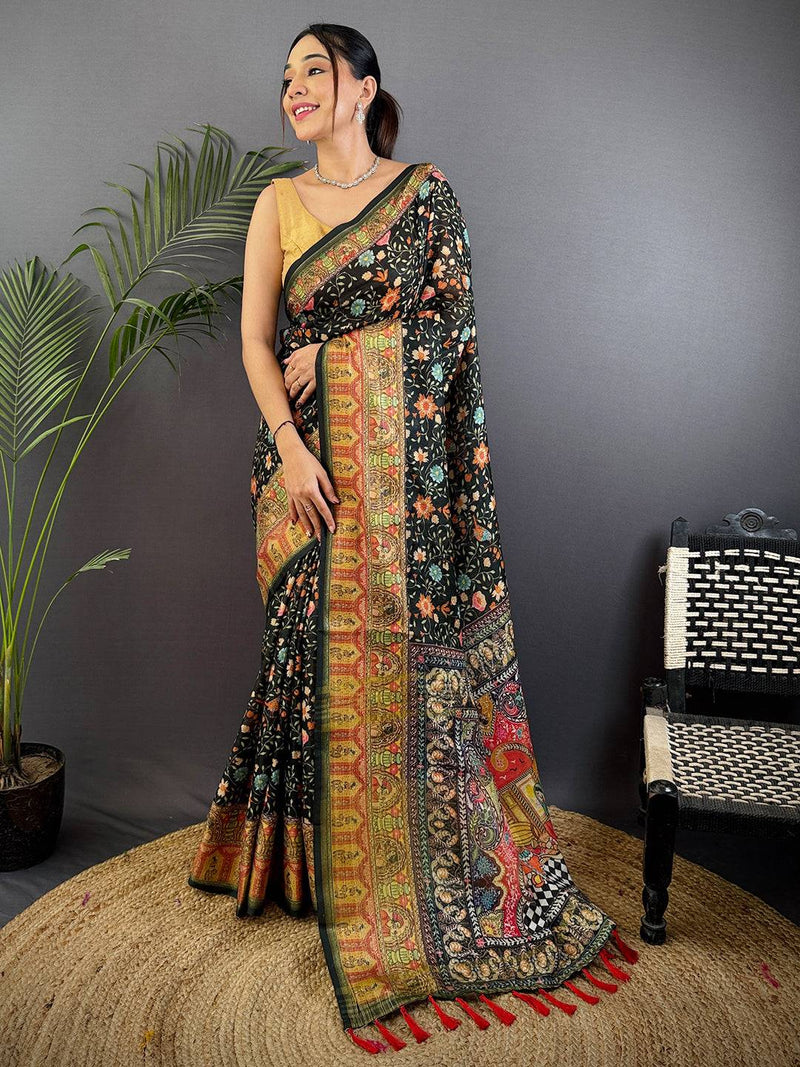 Dark Green Aari Pashmina Print Linen Saree