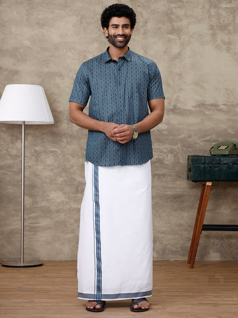 Men Dark Blue With Grey Matching Border Dhoti with Printed Shirt Set Fusion PS4
