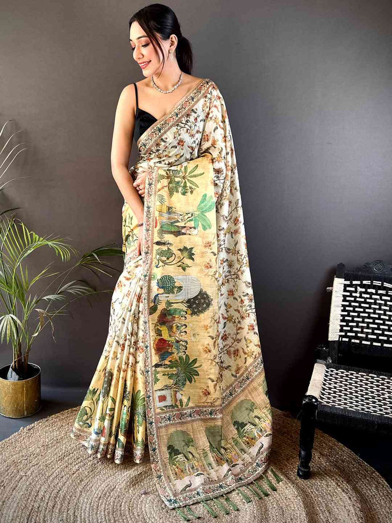 Off White Tussar Pashmina Kalamkari Saree