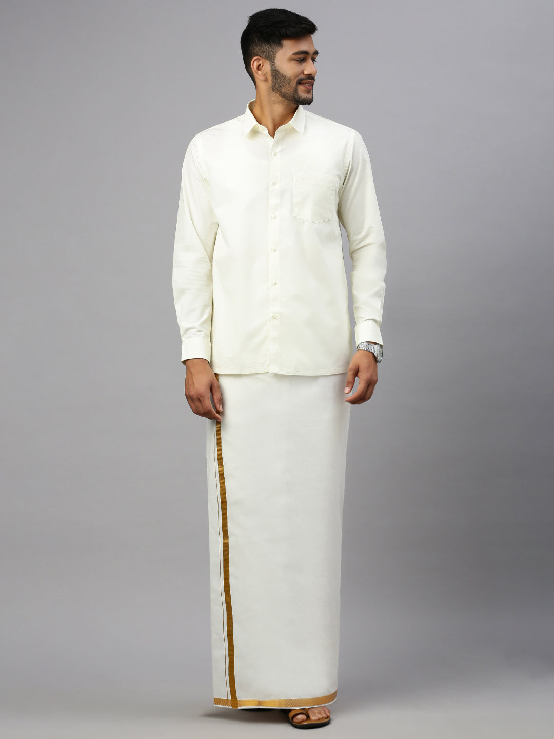Men 100% Cotton Double Layer Cream Dhoti with  1/2"Gold Jari Border Amirta