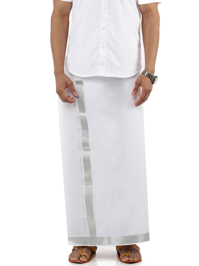 Men Cotton Blend Double Layer White Dhoti with 1 1/2" Jari Border Silver Bright