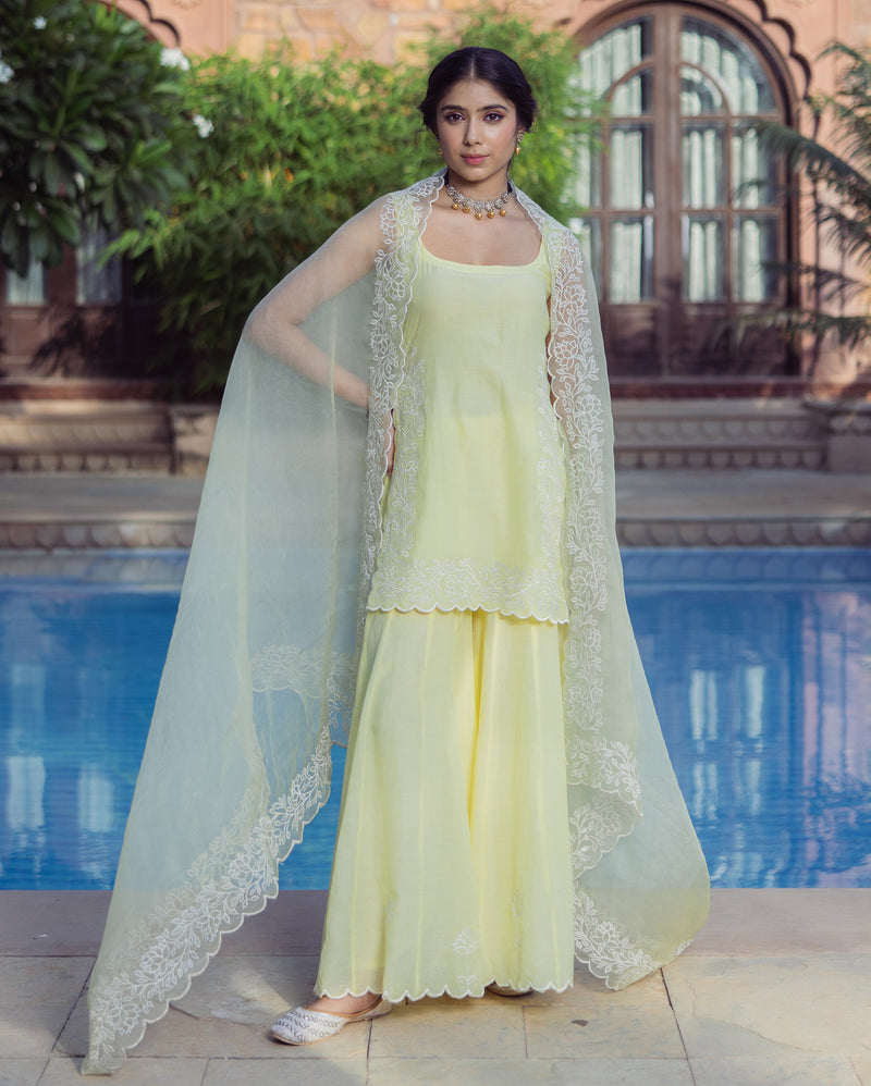 Nazakat Yellow Embroidered Cotton Sharara Set