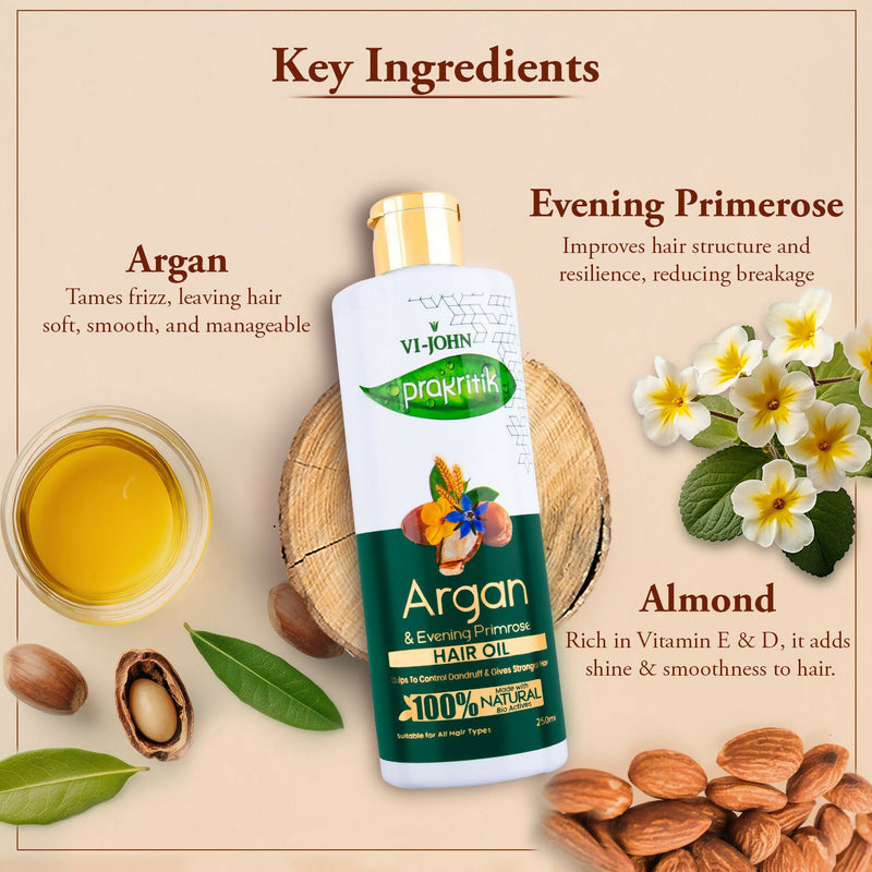 VI-JOHN Prakritik Argan & Evening Primrose Hair oil, Helps to Control Dandruff,100% Bio Actives Hair Oil