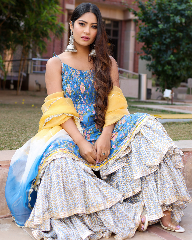 Symphonic Blue Handblock Sharara Set