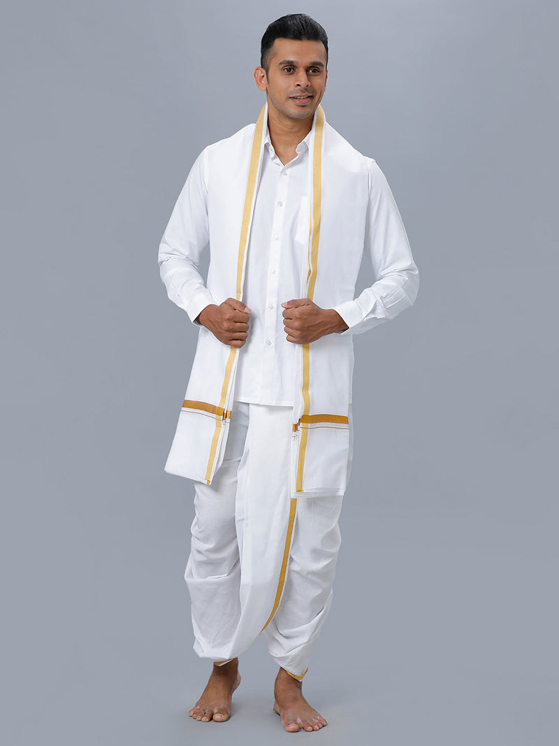 Mens White Shirt with Readymade Elastic Panchakacham  Angavastram Set 3/4" Prakaspathi