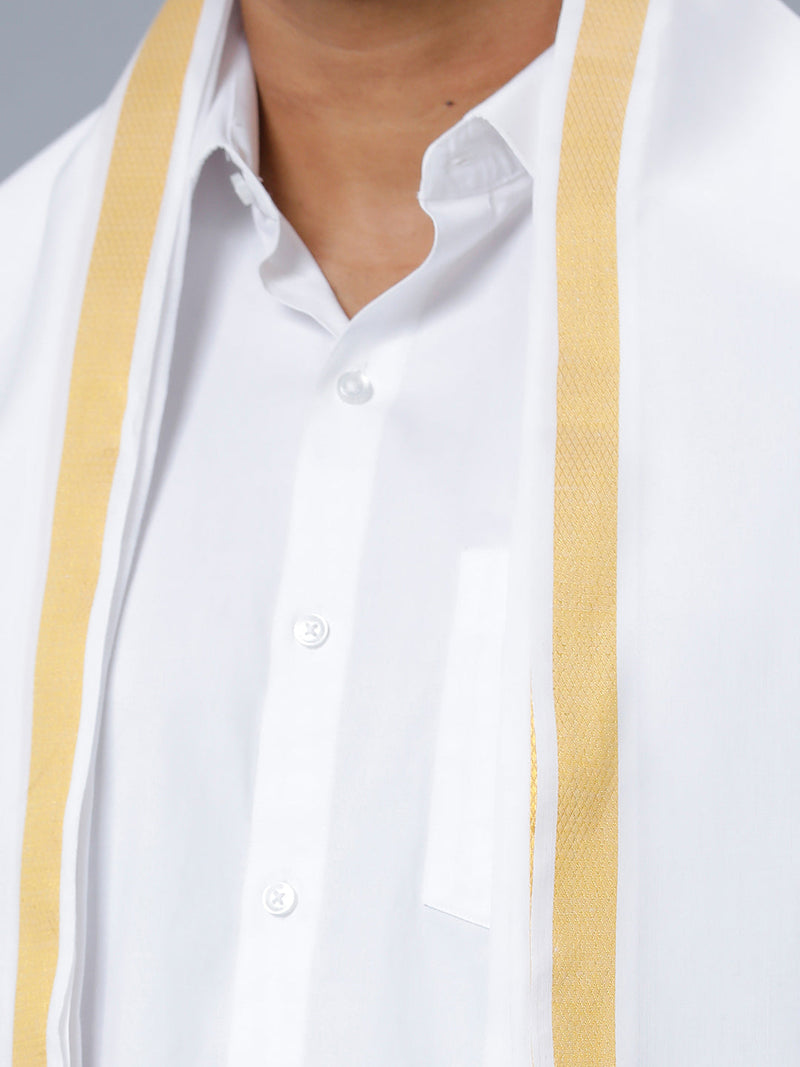Mens White Shirt with Readymade Elastic Panchakacham  Angavastram Set 3/4" Prakaspathi