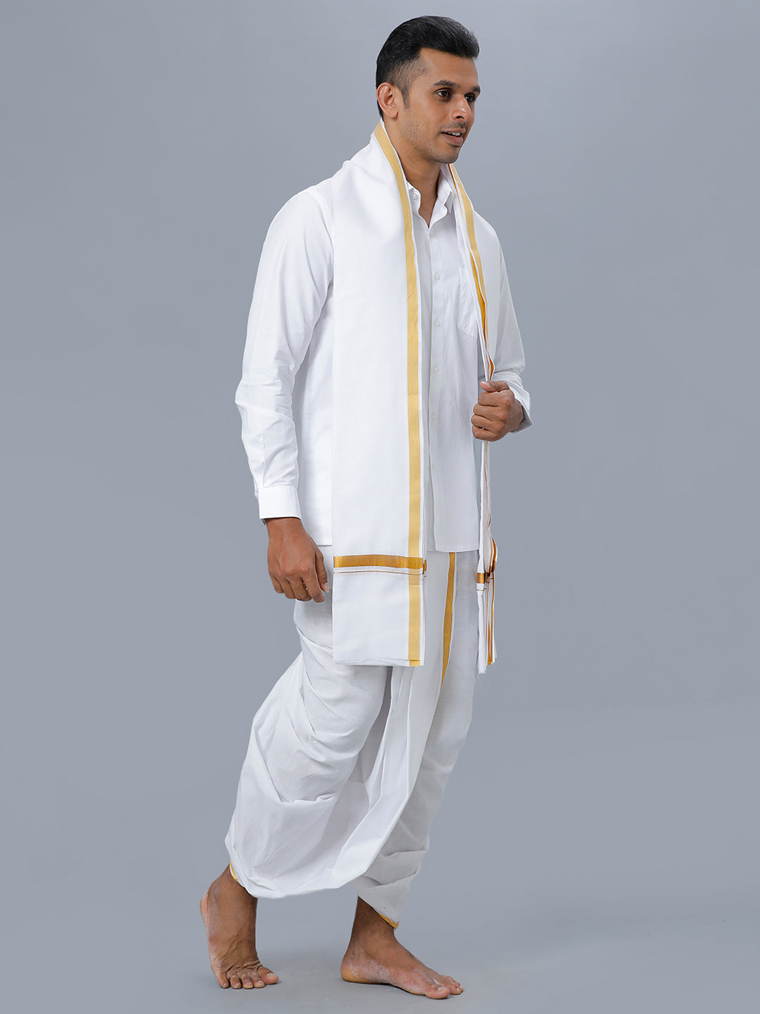 Mens White Shirt with Readymade Elastic Panchakacham  Angavastram Set 3/4" Prakaspathi