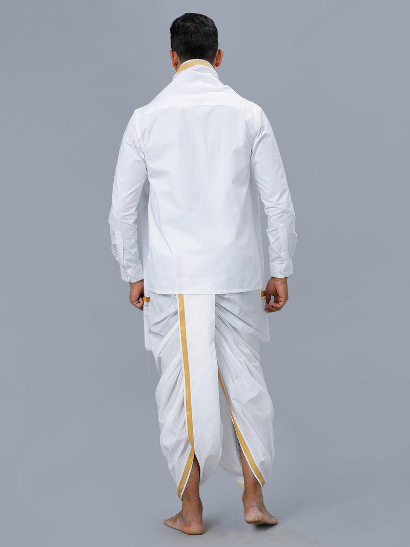Mens White Shirt with Readymade Elastic Panchakacham  Angavastram Set 3/4" Prakaspathi