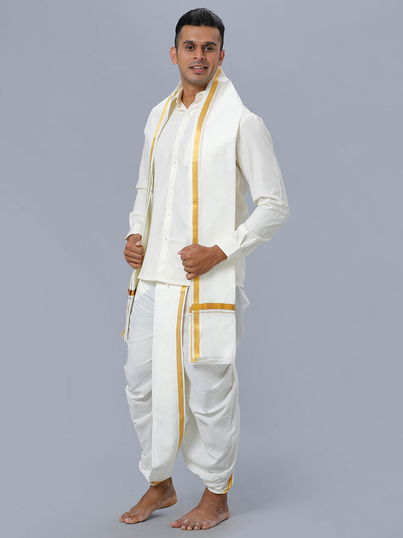 Mens Cream Shirt with Readymade Elastic Panchakacham Angavastram Set 3/4" Prakaspathi