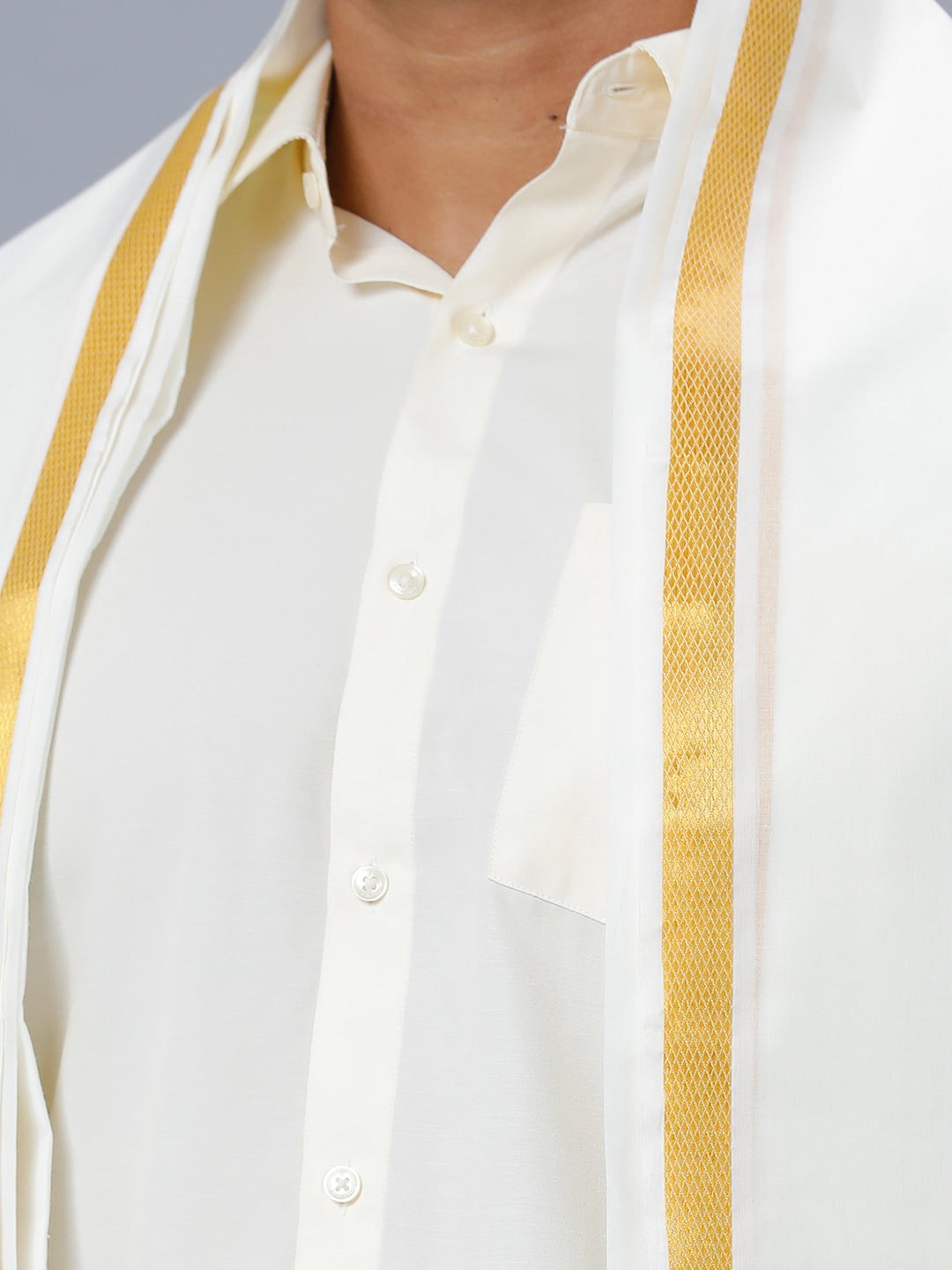 Mens Cream Shirt with Readymade Elastic Panchakacham Angavastram Set 3/4" Prakaspathi