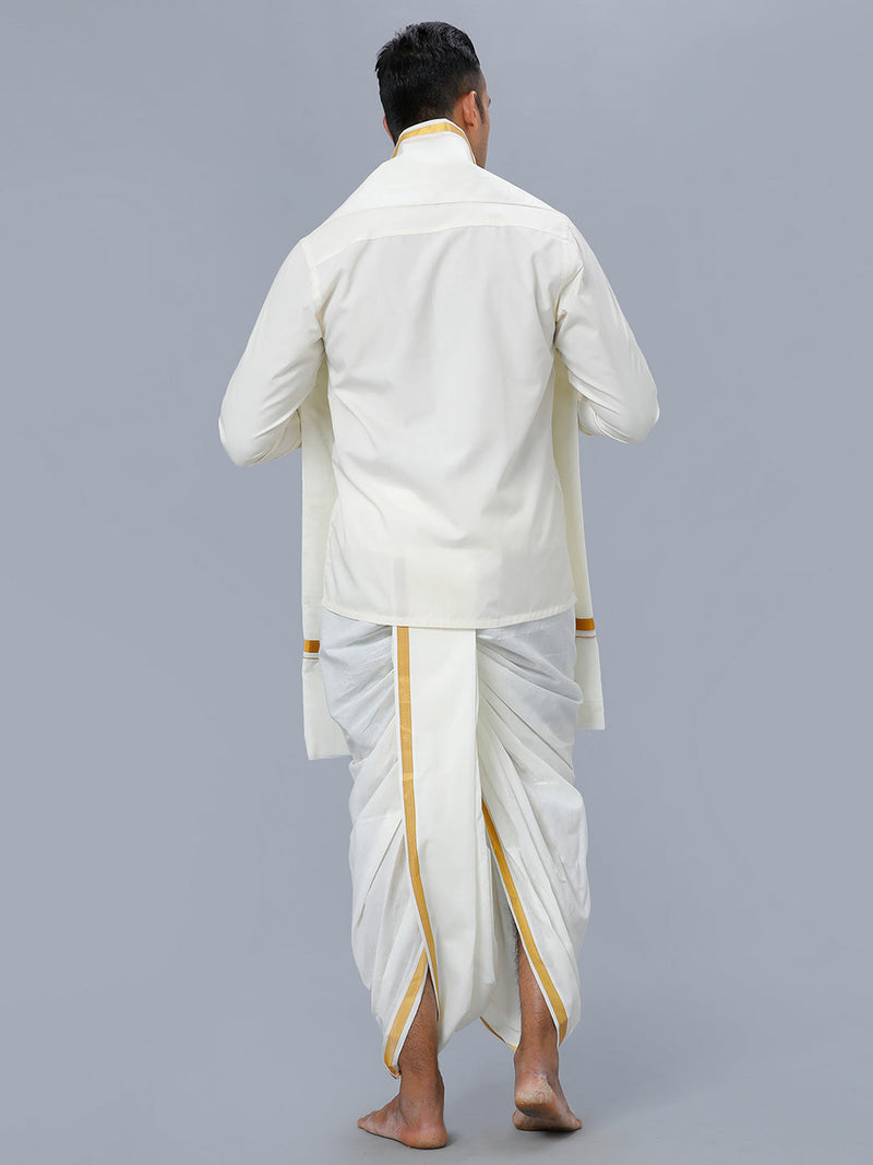 Mens Cream Shirt with Readymade Elastic Panchakacham Angavastram Set 3/4" Prakaspathi