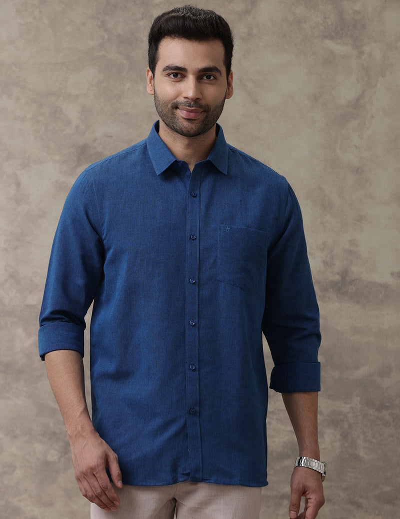 Men Linen Cotton Shirt Dark Blue LF15