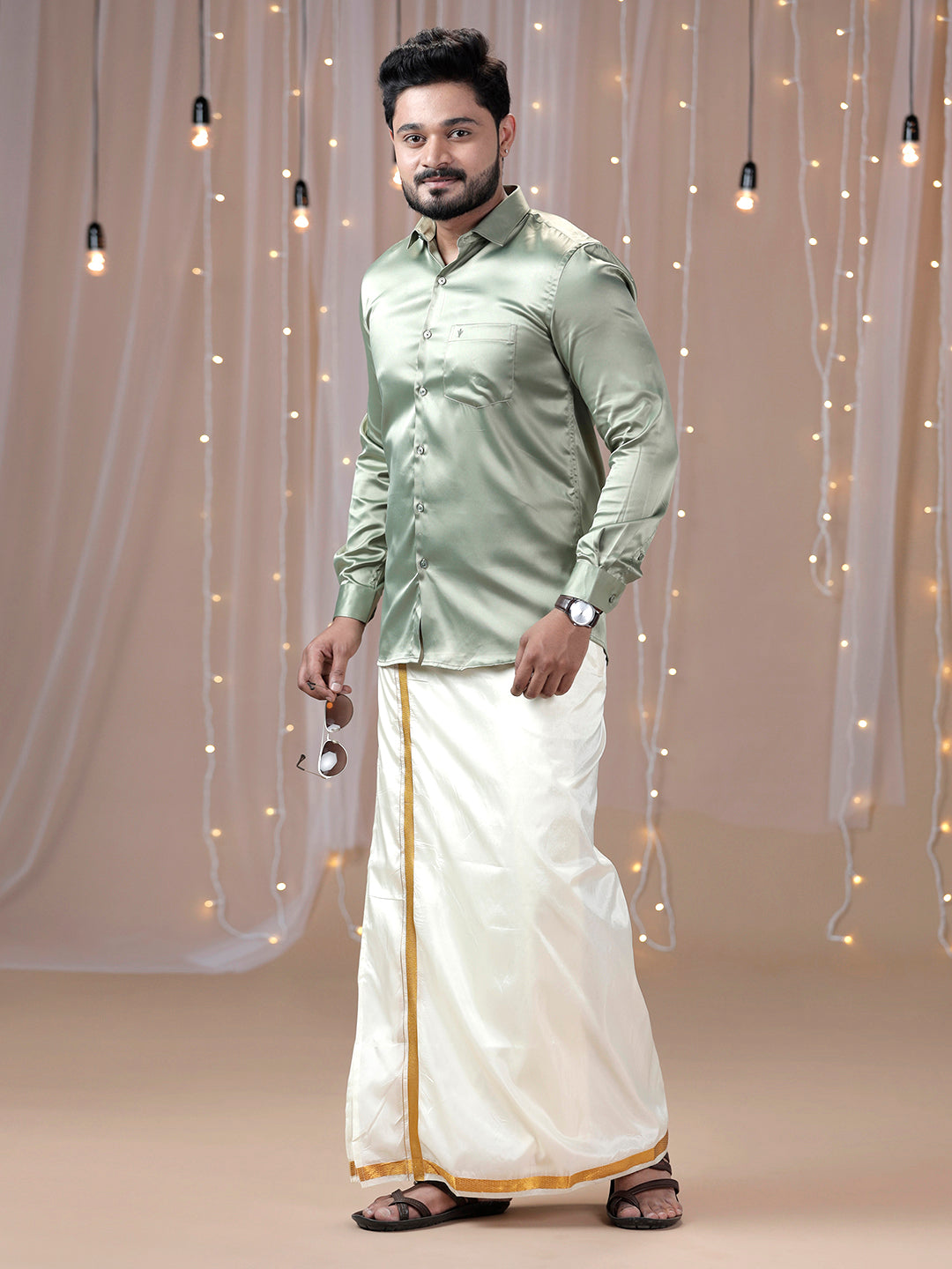 Men Olive Green Full Sleeves Shirt with Art Silk Double Layer Dhoti Combo PS1