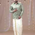 Men Olive Green Full Sleeves Shirt with Art Silk Double Layer Dhoti Combo PS1