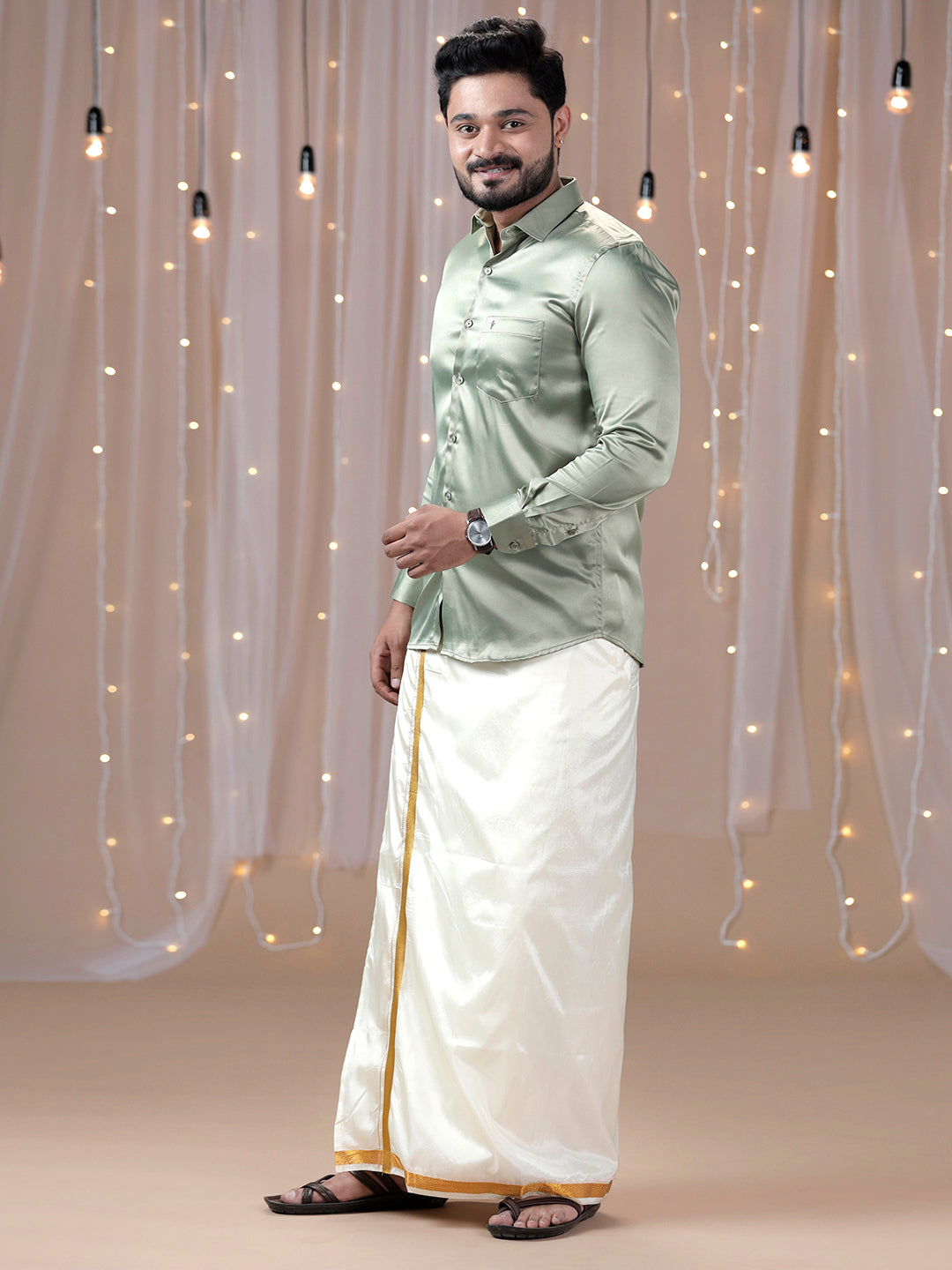 Men Olive Green Full Sleeves Shirt with Art Silk Double Layer Dhoti Combo PS1