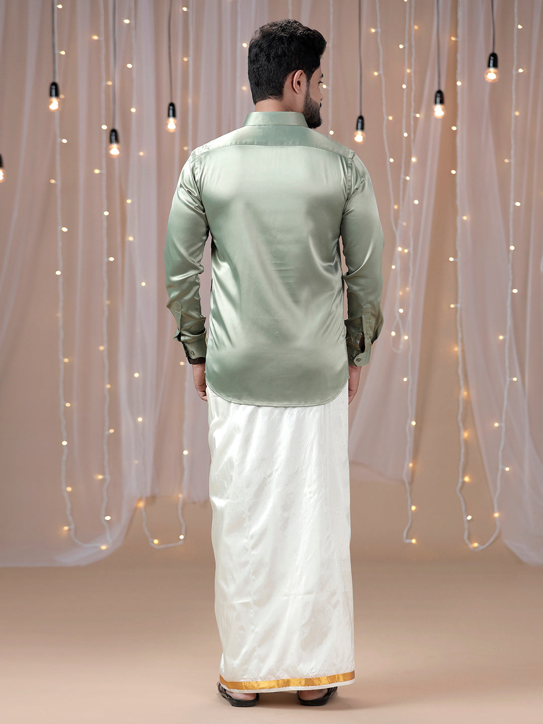 Men Olive Green Full Sleeves Shirt with Art Silk Double Layer Dhoti Combo PS1