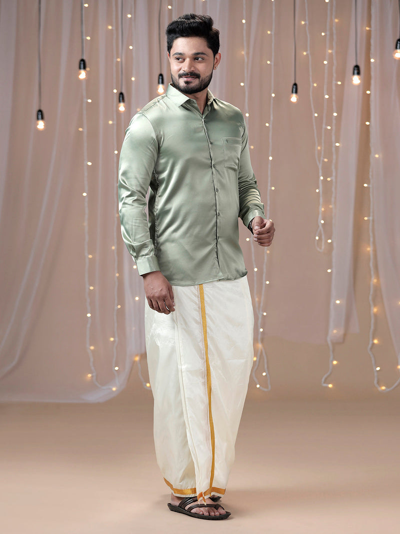 Men Olive Green Full Sleeves Shirt with Art Silk Double Layer Dhoti Combo PS1