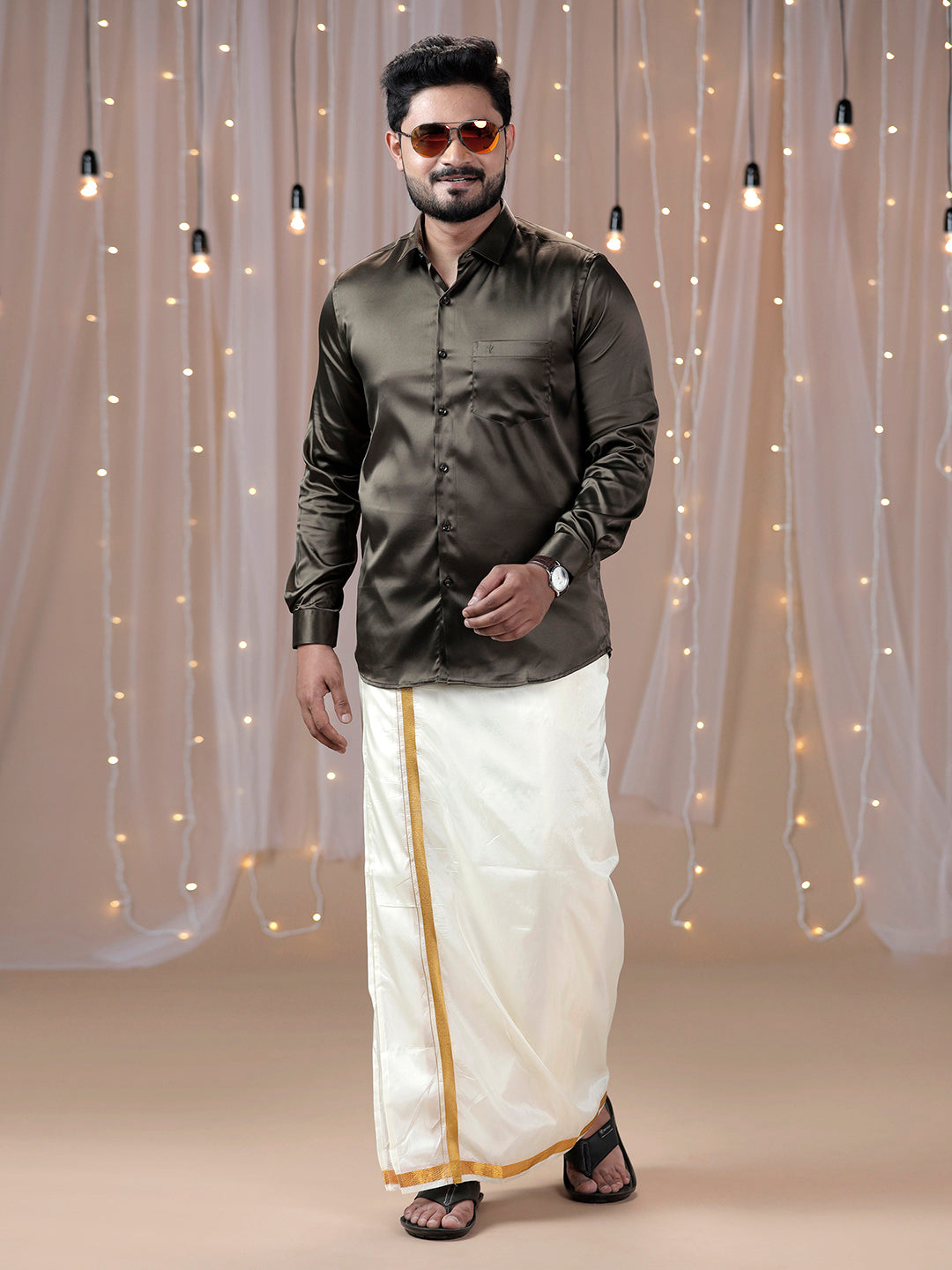 Men Grayish Brown Shirt with Art Silk Double Layer Dhoti Combo PS10