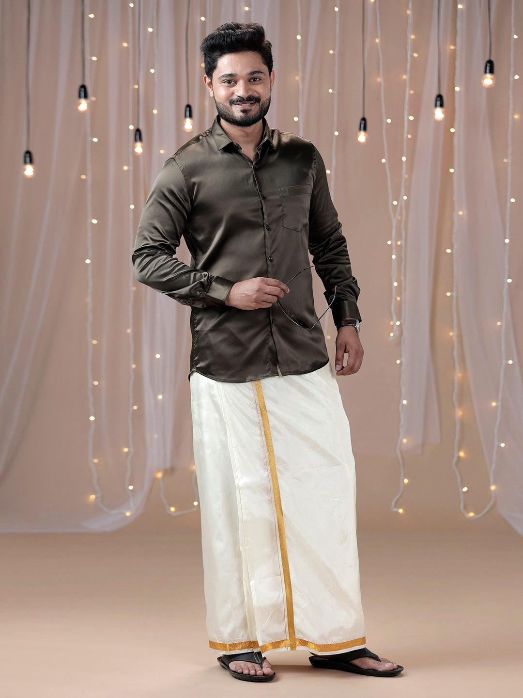 Men Grayish Brown Shirt with Art Silk Double Layer Dhoti Combo PS10