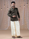 Men Grayish Brown Shirt with Art Silk Double Layer Dhoti Combo PS10