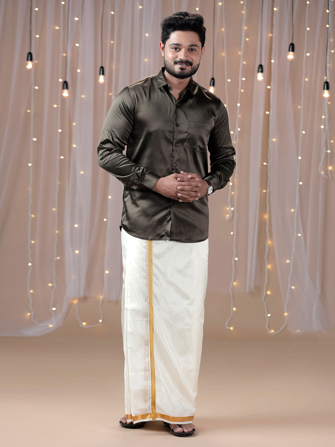 Men Grayish Brown Shirt with Art Silk Double Layer Dhoti Combo PS10
