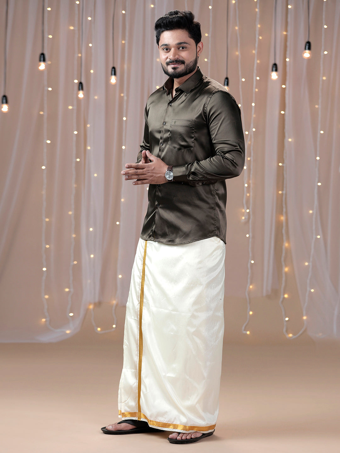 Men Grayish Brown Shirt with Art Silk Double Layer Dhoti Combo PS10