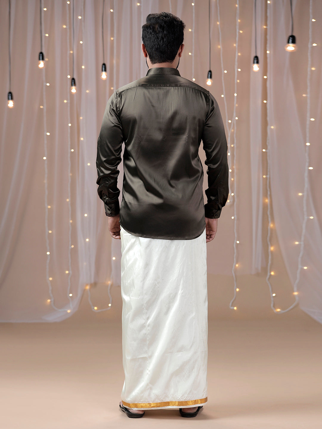 Men Grayish Brown Shirt with Art Silk Double Layer Dhoti Combo PS10