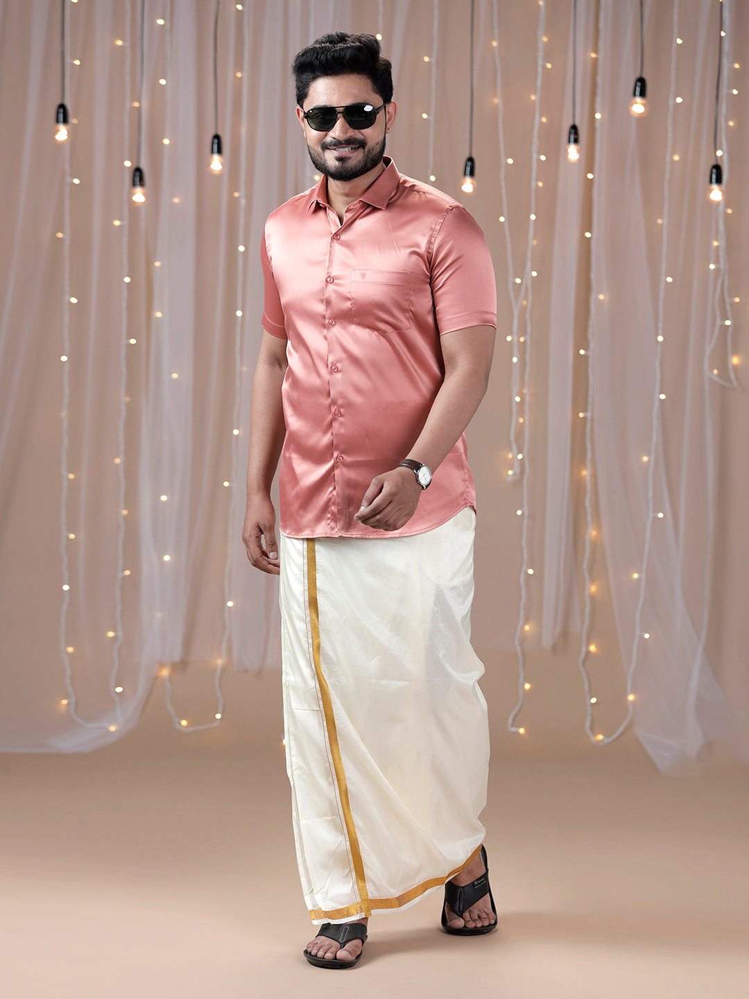 Men Dark Peach Half Sleeves Shirt with Art Silk Double Layer Dhoti Combo PS3
