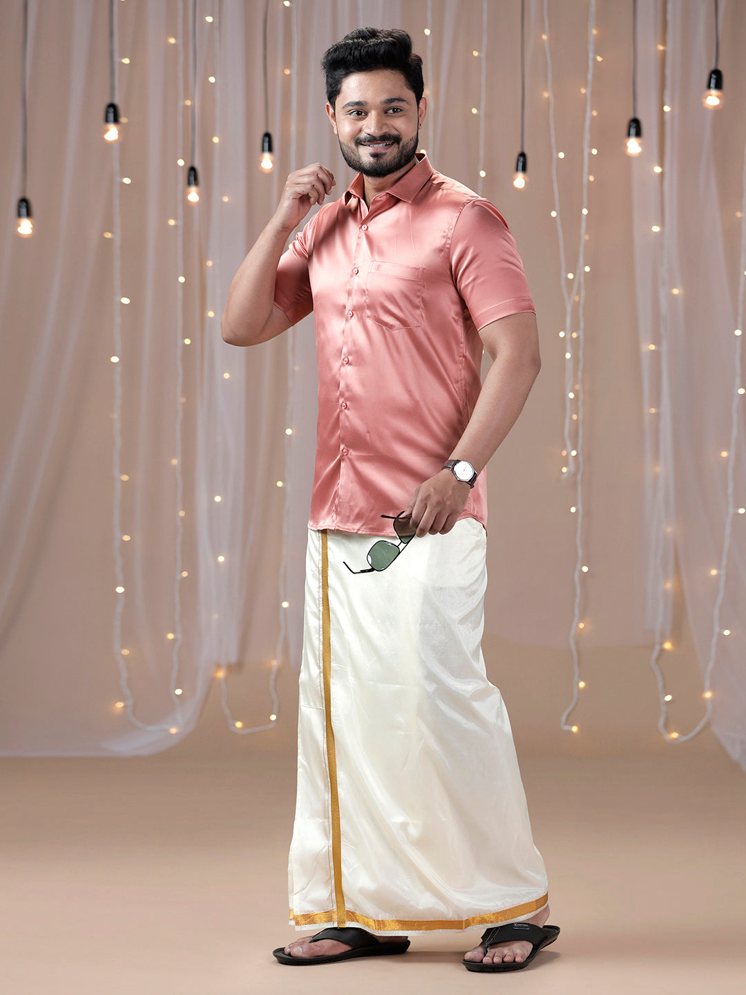 Men Dark Peach Half Sleeves Shirt with Art Silk Double Layer Dhoti Combo PS3