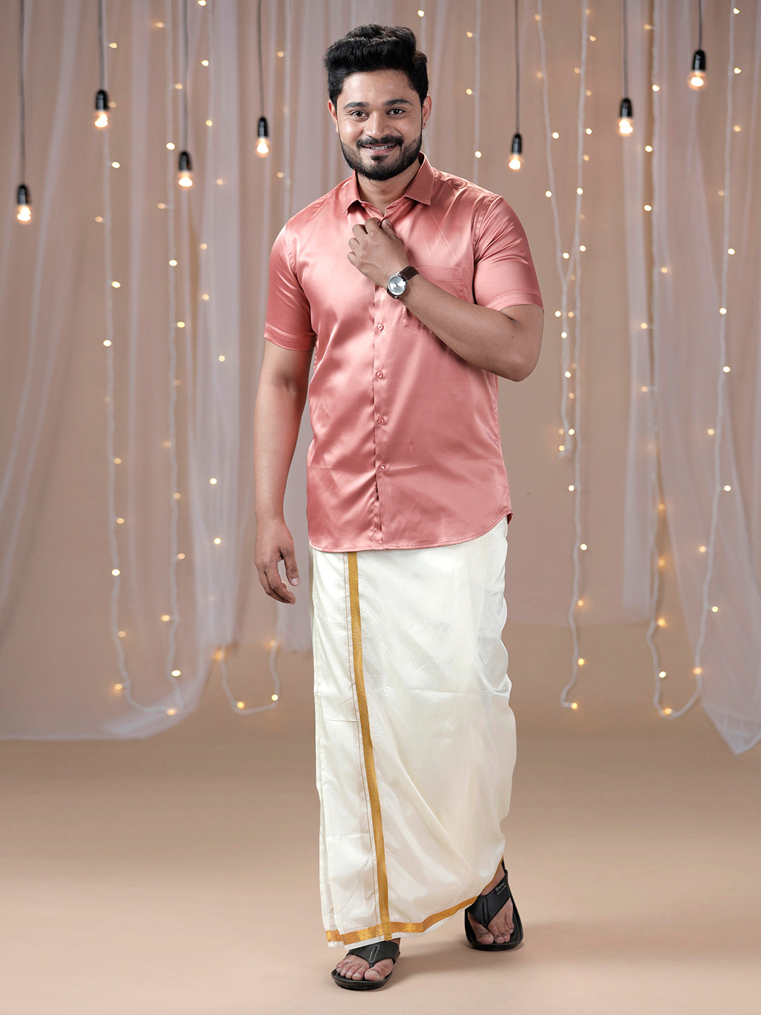 Men Dark Peach Half Sleeves Shirt with Art Silk Double Layer Dhoti Combo PS3