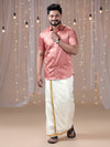 Men Dark Peach Half Sleeves Shirt with Art Silk Double Layer Dhoti Combo PS3