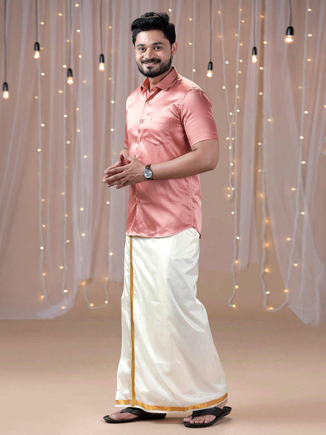 Men Dark Peach Half Sleeves Shirt with Art Silk Double Layer Dhoti Combo PS3