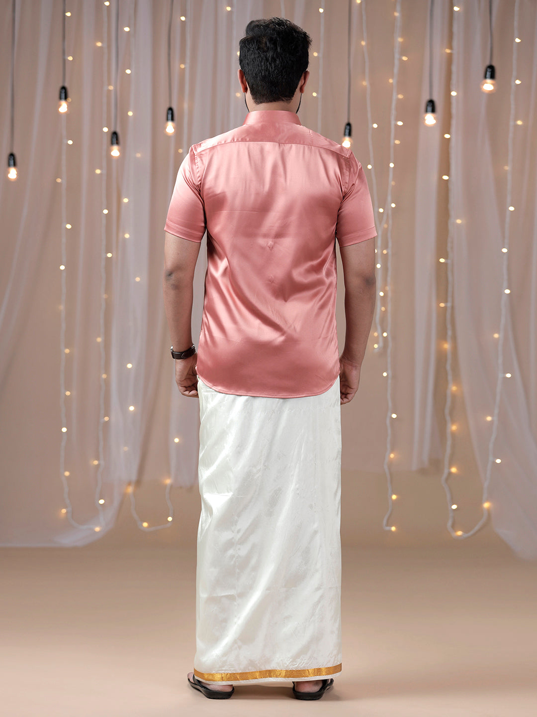 Men Dark Peach Half Sleeves Shirt with Art Silk Double Layer Dhoti Combo PS3