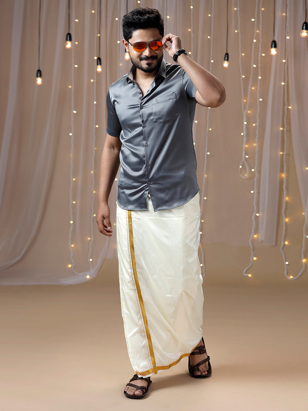 Men Grey Half Sleeves Shirt with Art Silk Double Layer Dhoti Combo PS2