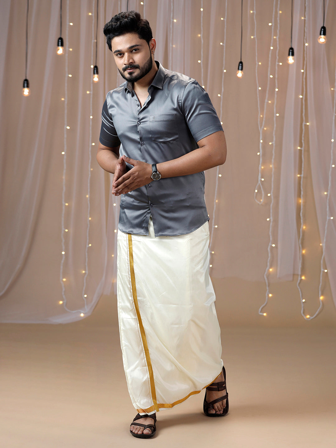 Men Grey Half Sleeves Shirt with Art Silk Double Layer Dhoti Combo PS2
