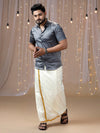 Men Grey Half Sleeves Shirt with Art Silk Double Layer Dhoti Combo PS2