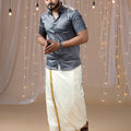 Men Grey Half Sleeves Shirt with Art Silk Double Layer Dhoti Combo PS2