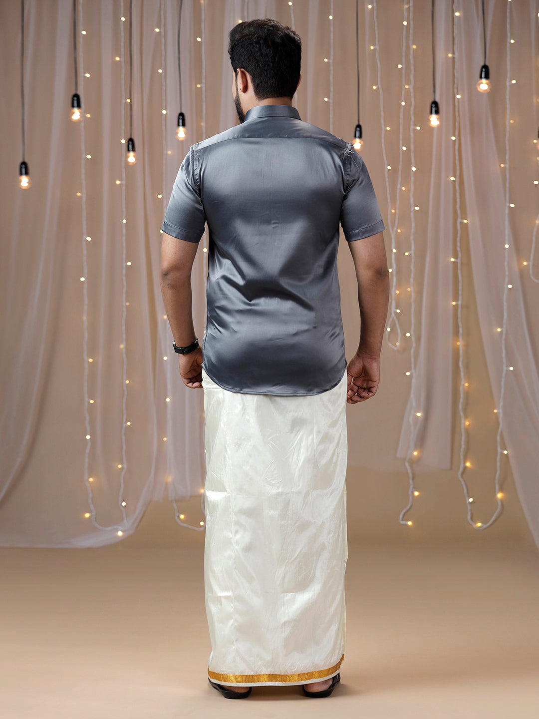 Men Grey Half Sleeves Shirt with Art Silk Double Layer Dhoti Combo PS2