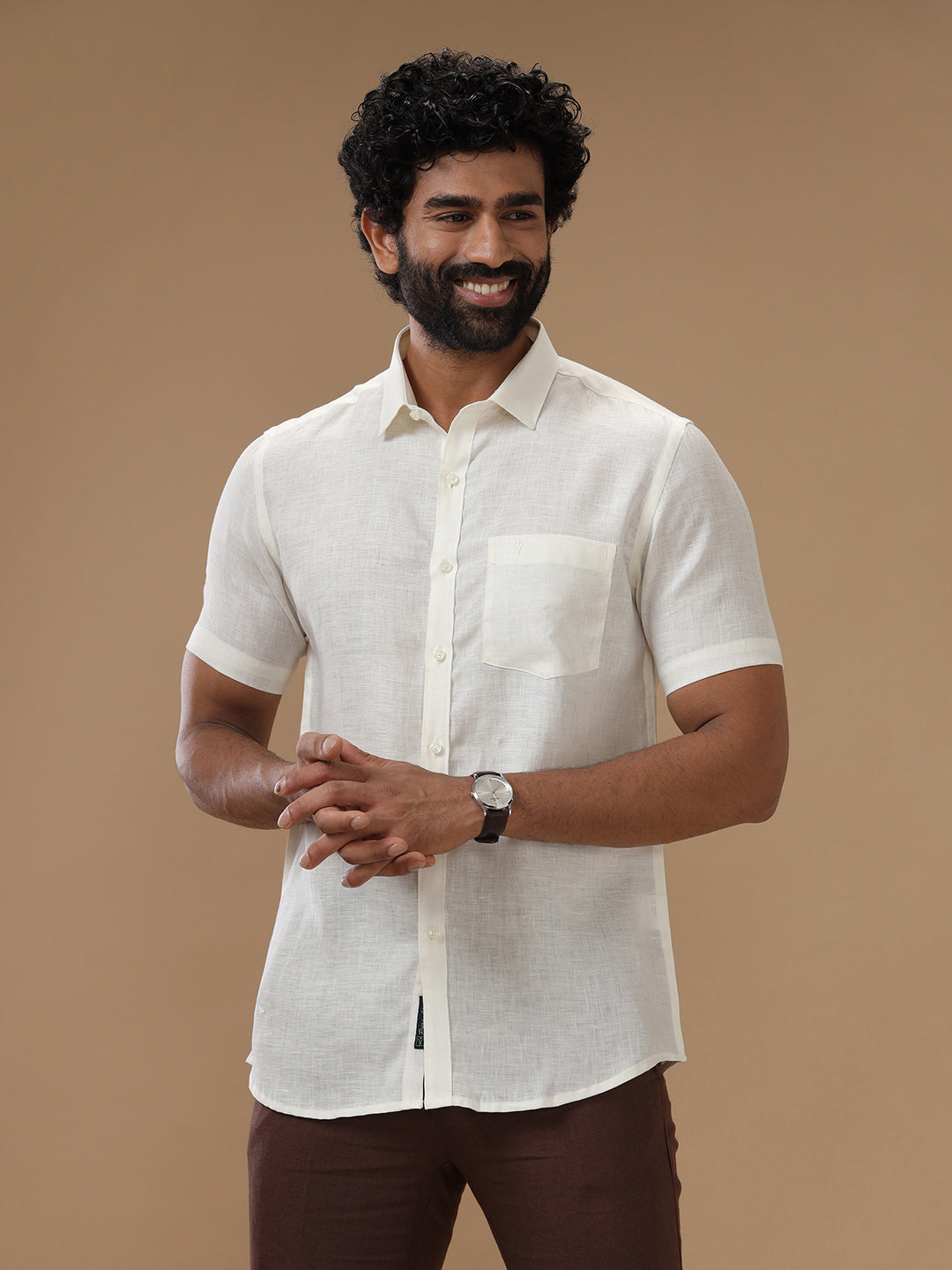 Men Pure Linen Cream Shirt L38