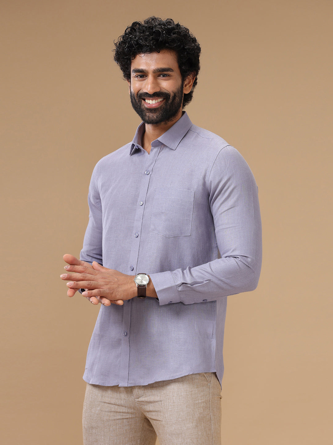 Men Pure Linen  Purple Shirt L108