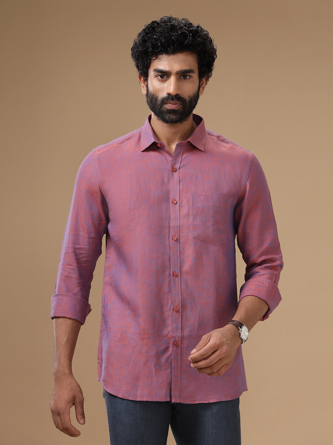 Men Pure Linen Purple Shirt L75