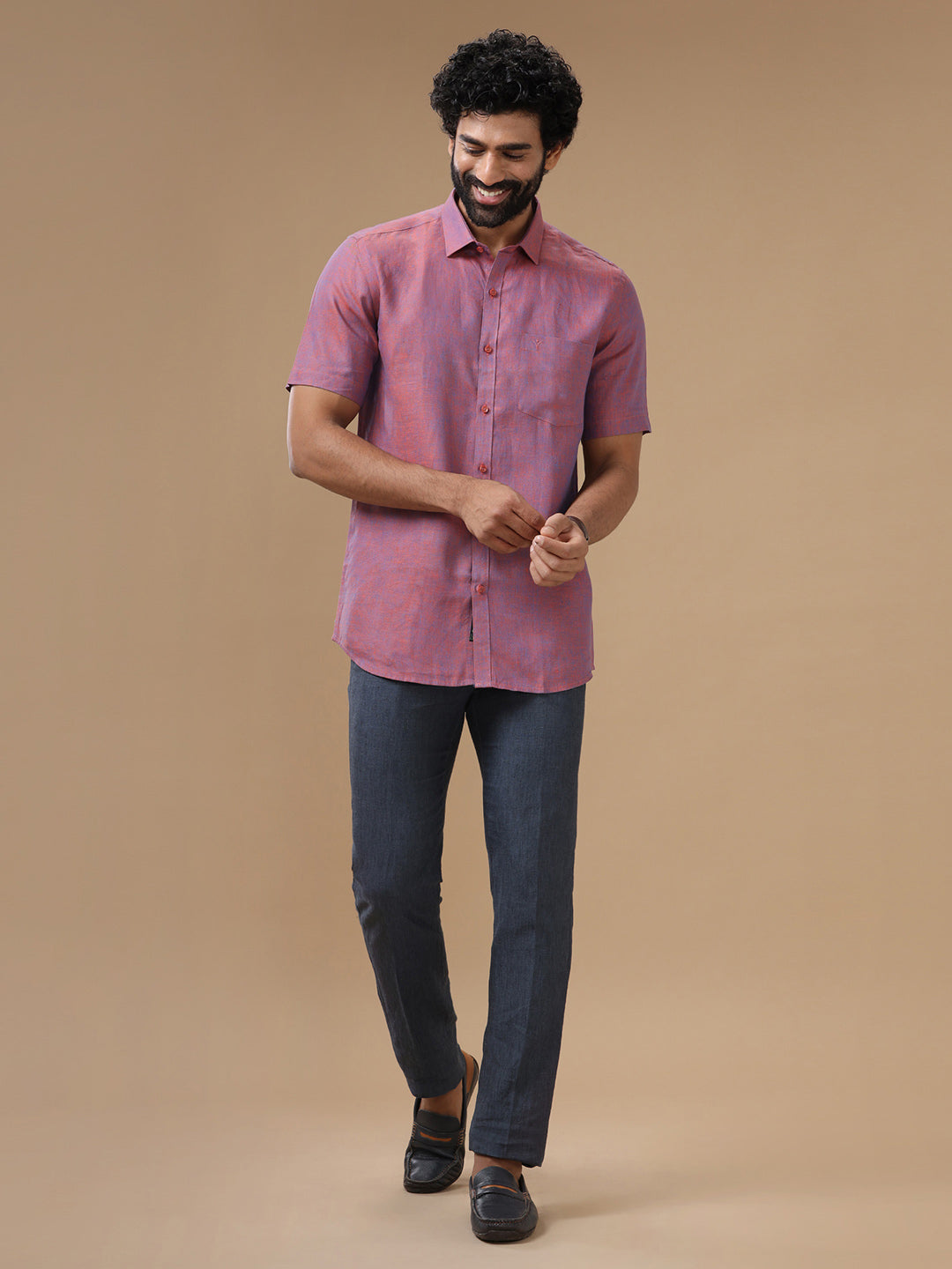 Men Pure Linen Purple Shirt L75