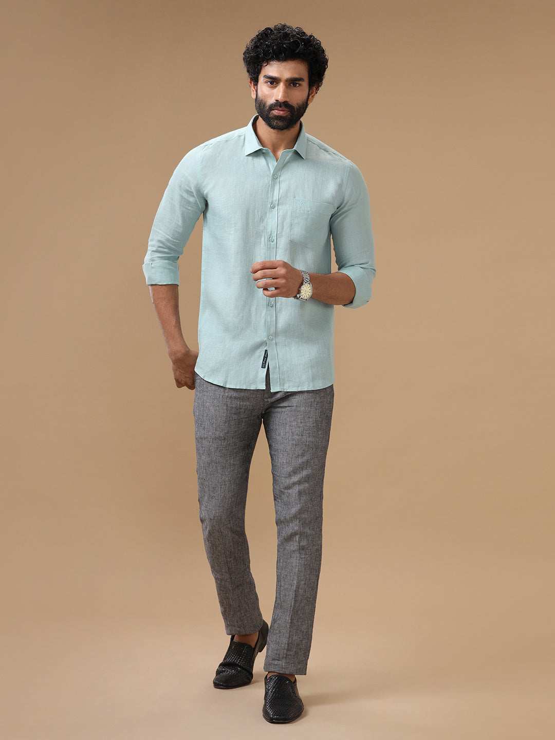 Men Pure Linen Blue Shirt L105