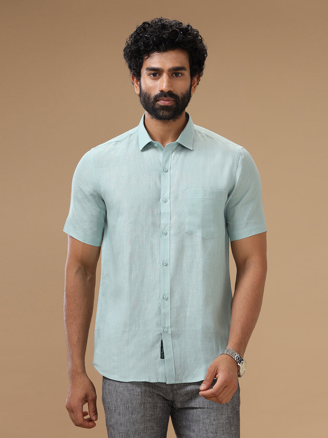 Men Pure Linen Blue Shirt L105