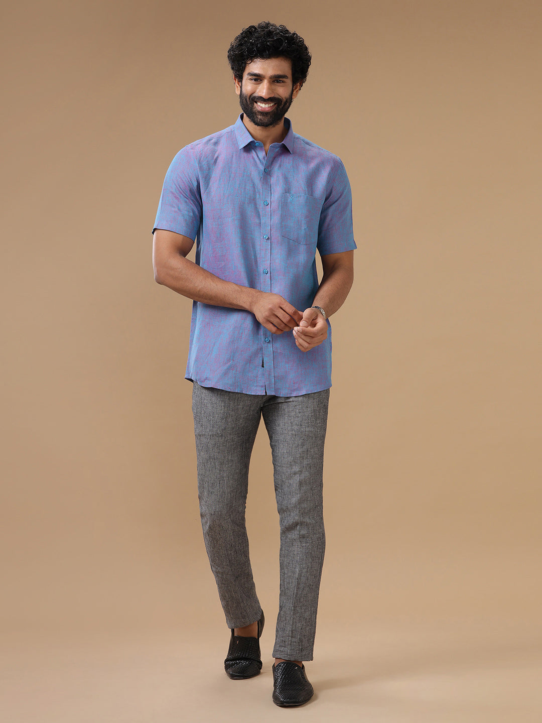 Men Pure Linen Violet Shirt L81