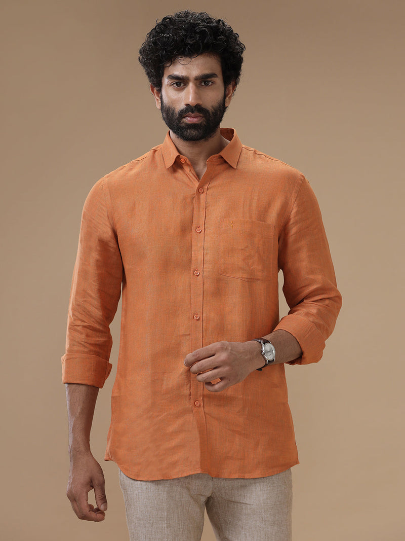 Men Pure Linen Dark Orange Shirt L76
