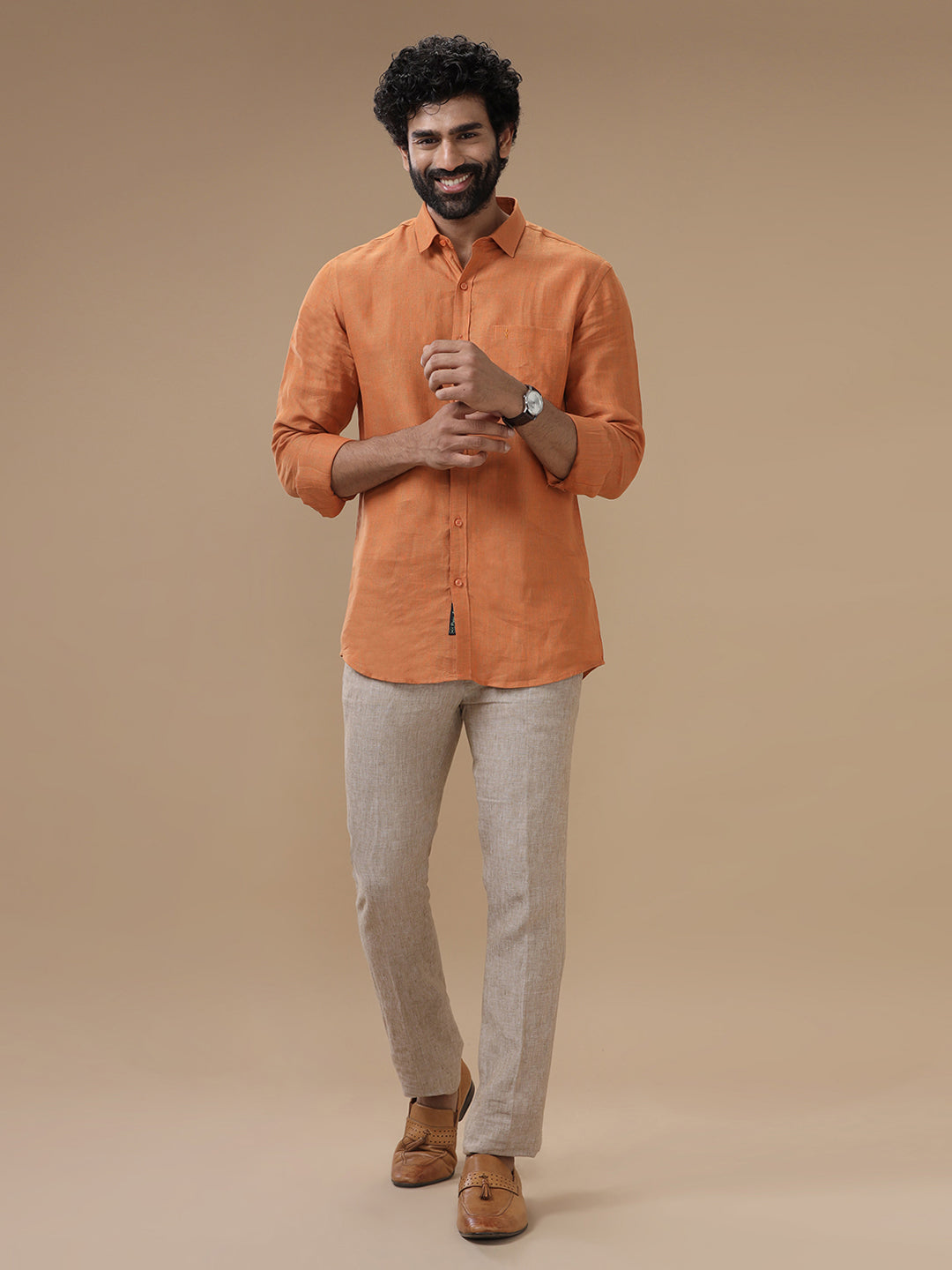 Men Pure Linen Dark Orange Shirt L76