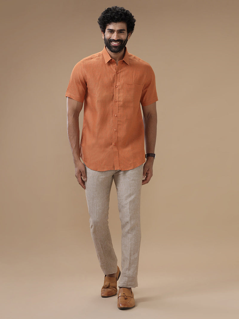 Men Pure Linen Dark Orange Shirt L76