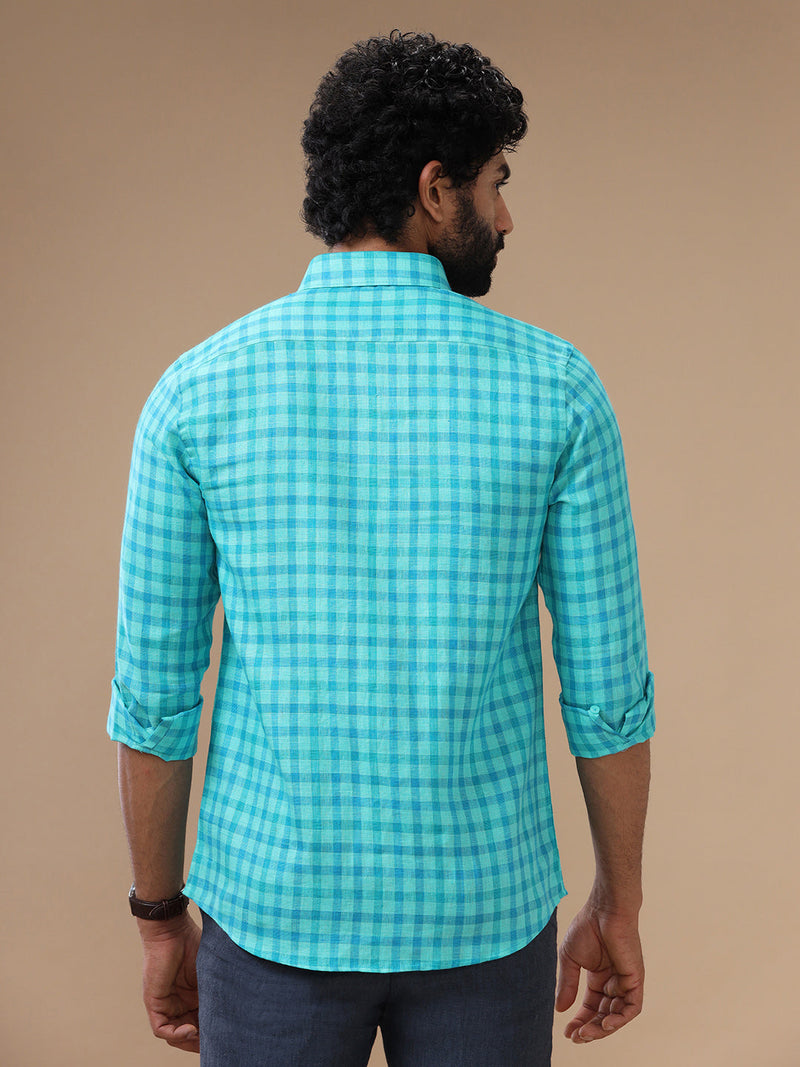 Men Pure Linen Checked Shirt Green LS62