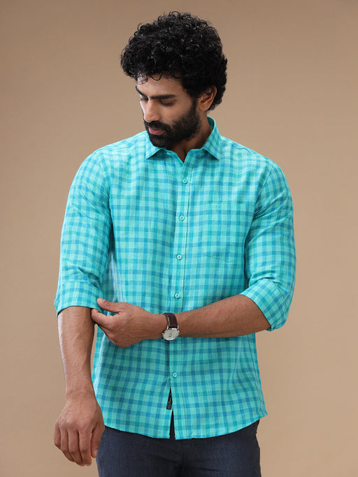 Men Pure Linen Checked Shirt Green LS62
